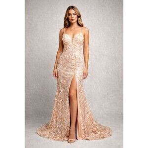 Jovani Prom Dress Size 4 Sequin Plunge Formal Mermaid Gown Floral Applique